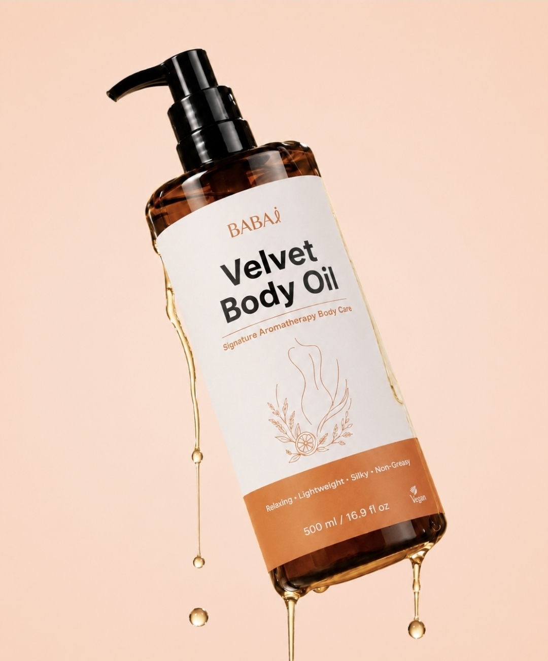 벨벳 바디 오일 — BABAi 스킨케어. 편안함을 더하는 아로마 바디 케어 (500ml / 16.9 fl oz).